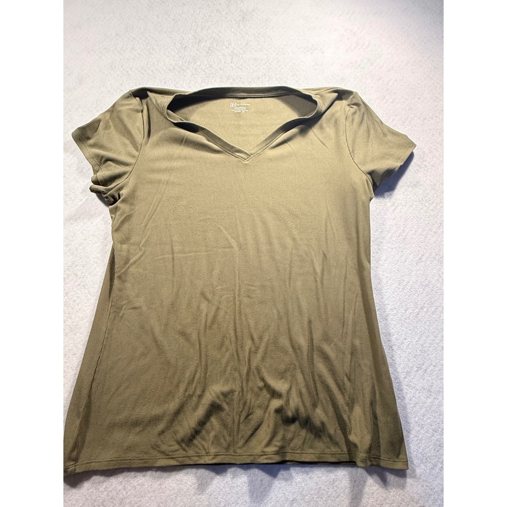 No Boundaries Womens XXL Olive Green Ribbed V-Neck Short Sleeve Top Shirt 347